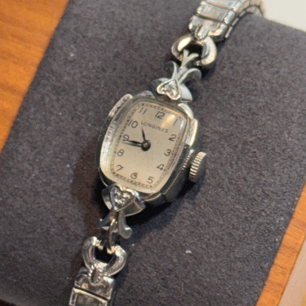 Longines Womens Watch 14k White Gold 2 Diamonds 17 Jewels Runs SS Band 1953
